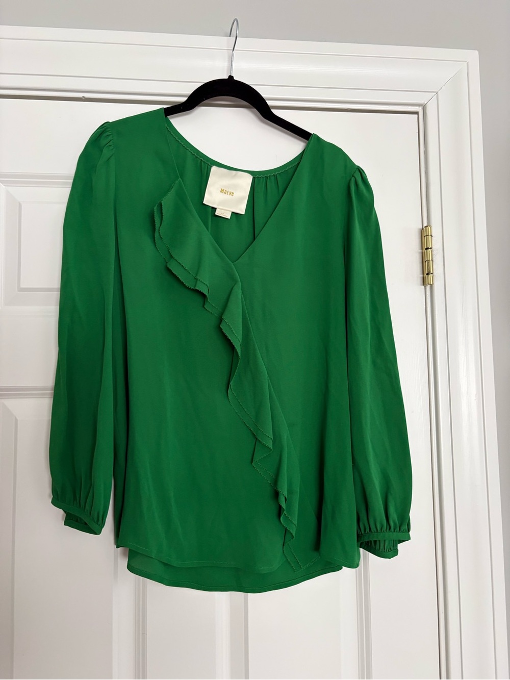 Maeve Emerald Green Ruffle V-Neck Blouse